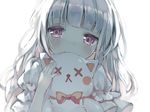  backlighting bangs blush bow close-up commentary_request covered_mouth eyebrows_visible_through_hair grey_eyes highres hug long_hair looking_at_viewer object_hug original silver_hair simple_background smile solo stuffed_animal stuffed_toy umibouzu_(niito) white_background 