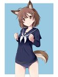 ahoge animal_ears ass_visible_through_thighs bangs brave_witches breasts brown_eyes brown_hair clenched_hands closed_mouth collarbone cowboy_shot eyebrows_visible_through_hair hair_ornament hairclip hands_up highres karibuchi_hikari legs_apart long_sleeves looking_at_viewer medium_breasts mono_(mono60) one-piece_swimsuit ribbon school_swimsuit school_uniform serafuku short_hair smile solo squirrel_ears squirrel_tail swimsuit swimsuit_under_clothes tail uniform white_ribbon world_witches_series 