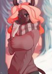 5_fingers anthro breasts clothed clothing eyebrows eyelashes female hair outside scarf smile snow solo teil unknown_species 