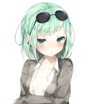  bangs blush breasts cardigan collared_shirt eyewear_on_head green_eyes green_hair highres looking_at_viewer original pout shirt simple_background small_breasts solo sunglasses umibouzu_(niito) unbuttoned unbuttoned_shirt upper_body white_background white_shirt 