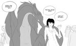  ambiguous_gender clothed clothing comic dialogue dragon english_text feral hi_res human interspecies lazypft male mammal manga monochrome scared simple_background size_difference slightly_chubby smaller_male smile standing sweat text wings 
