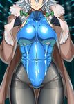  blue_leotard blush braid breasts coat commentary_request covered_navel covered_nipples cowboy_shot gloves hair_ribbon head_out_of_frame hips izayoi_sakuya large_breasts leotard lips open_clothes open_coat pantyhose parted_lips ribbon shiny shiny_clothes short_hair silver_hair skin_tight smile solo standing tajima_yuuki teeth thigh_gap thighband_pantyhose touhou twin_braids 