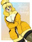  2018 absurd_res animal_crossing anthro areola arnachy bare_shoulder black_eyes black_nose blep blonde_hair blush border breasts canine chest_tuft clothed clothing digital_media_(artwork) dog english_text female gradient_background hair hi_res isabelle_(animal_crossing) legwear mammal nintendo nipples shih_tzu simple_background solo text thigh_highs tongue tongue_out tuft video_games white_border 