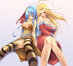  blonde_hair blue_hair blush breasts byunei fct huge_breasts japanese_clothes kimono large_breasts long_hair multiple_girls nipples no_bra purple_eyes red_eyes rocbouquet_(saga) romancing_saga romancing_saga_2 romancing_saga_3 saga striped striped_legwear thighhighs 