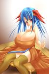  bare_shoulders blue_hair breasts bursting_breasts cleavage dress fct huge_breasts rocbouquet_(saga) romancing_saga romancing_saga_2 saga sitting solo table thighhighs 
