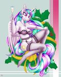  2016 absurd_res anthro anthrofied areola breasts christmas clothed clothing equine feathered_wings feathers female friendship_is_magic hair helloiamyourfriend hi_res holding_object holidays horn legwear long_hair looking_at_viewer mammal multicolored_hair multicolored_tail my_little_pony navel nipples princess_celestia_(mlp) solo translucent transparent_clothing white_feathers winged_unicorn wings 