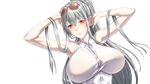  1girl absurdres adjusting_hair areolae armpits arms_up bare_arms blush breasts collared_shirt ebido eyebrows eyebrows_visible_through_hair grey_hair highres huge_breasts long_hair looking_at_viewer nipples orange_eyes pale_skin ponytail see-through selvaria_bles senjou_no_valkyria shiny shiny_skin silver_hair simple_background sleeveless smile solo sunglasses sunglasses_on_head unbuttoned upper_body white_background 
