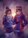  2girls artist_name beanie black-framed_eyewear blue_coat blue_gloves brown_eyes brown_hair casual cellphone closed_mouth commentary cup d.va_(overwatch) face gloves hair_ornament hairpin hand_in_pocket hat highres holding holding_cup holding_phone keychain long_hair long_sleeves looking_at_phone matilda_vin mei_(overwatch) multiple_girls overwatch pantyhose phone rectangular_glasses red_gloves red_scarf scarf short_hair smartphone smile standing steam whisker_markings white_legwear 