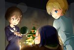  ame. bandaid bandaid_on_face black_hair blonde_hair blue_eyes blurry blush bokeh brave_witches brown_eyes brown_hair candlelight christmas christmas_tree commentary dark depth_of_field frown gift hair_ornament hairclip hand_up indoors kanno_naoe karibuchi_hikari looking_at_another looking_down looking_to_the_side multiple_girls night nikka_edvardine_katajainen open_mouth serious short_hair smile sweatdrop toy world_witches_series 