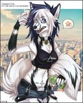  5_fingers anthro black_lips black_nose blue_eyes canine clothed clothing collar detailed_background eyelashes female hair holding_object mammal midriff navel open_mouth phone solo stern.98 teeth white_hair wide_hips 