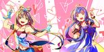  :d ahoge blue_dress blue_hair dress feng_you gloves green_eyes hair_ornament heart heart_of_string hexagram index_finger_raised long_hair looking_to_the_side luo_tianyi midriff multiple_girls open_mouth pink_background purple_hair red_string short_hair_with_long_locks smile star star_hair_ornament string triangle very_long_hair vocaloid vocanese xingchen 