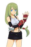  1girl adjusting_clothes adjusting_gloves bangs bare_shoulders blue_eyes breasts cosplay elbow_gloves eyebrows_visible_through_hair final_fantasy final_fantasy_vii fingerless_gloves gloves green_hair long_hair low-tied_long_hair medium_breasts midriff miniskirt muu_(mumumer) navel original simple_background skirt smile solo suspender_skirt suspenders tank_top tifa_lockhart white_background yunomiya_agari 