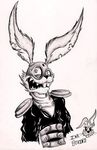  2016 anthro armor bandanna belt blackjack_o&#039;hare buckteeth clothed clothing eyewear fangs front_view fur grin guardians_of_the_galaxy hare helmet hi_res ink_stains lagomorph long_ears looking_at_viewer machine male mammal marvel monochrome open_mouth pose rabbit sharp_teeth simple_background solo standing straps teeth traditional_media_(artwork) white_background 