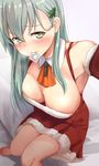  aqua_hair bare_shoulders blush breasts christmas christmas_tree_hair_ornament cleavage condom condom_in_mouth detached_collar detached_sleeves dress eyebrows_visible_through_hair green_eyes hair_between_eyes hair_ornament kantai_collection large_breasts long_hair mouth_hold neckerchief on_bed reaching_out red_dress santa_costume self_shot smile solo suzuya_(kantai_collection) untsue 