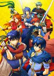  5boys adusa armor blue_hair boots cape celica_(fire_emblem) celice_(fire_emblem) crossover ephraim fire_emblem fire_emblem:_akatsuki_no_megami fire_emblem:_fuuin_no_tsurugi fire_emblem:_monshou_no_nazo fire_emblem:_rekka_no_ken fire_emblem:_seima_no_kouseki fire_emblem:_seisen_no_keifu fire_emblem:_souen_no_kiseki fire_emblem_gaiden green_hair hair_ornament highres holding holding_weapon ike lance looking_at_viewer lyndis_(fire_emblem) marth multiple_boys multiple_girls pauldrons polearm red_hair ribbon roy_(fire_emblem) short_hair smile sword tiara weapon 