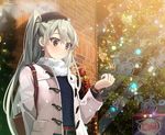  alternate_costume amatsukaze_(kantai_collection) arm_behind_back bag bangs bauble belt belt_buckle black_hat blue_sweater blush brick_wall brown_eyes buckle building christmas_ornaments christmas_tree coat commentary_request earrings eyelashes fedora green_hair handbag hat jewelry kantai_collection long_hair long_sleeves open_clothes open_coat outdoors over_shoulder scarf snowflakes solo sweater two_side_up upper_body watch white_coat white_scarf winter wristwatch yahako 