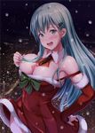  :d aqua_eyes aqua_hair arm_warmers ascot blush bow breasts christmas christmas_tree_hair_ornament city_lights cleavage commentary_request condom_wrapper detached_collar dress eyebrows_visible_through_hair green_bow hair_ornament hair_over_breasts hairclip hand_on_hip head_tilt ichikawa_feesu kantai_collection large_breasts long_hair looking_at_viewer motion_blur night night_sky nipples ocean one_breast_out open_mouth outdoors red_dress round_teeth santa_costume shiny shiny_skin sky sleeveless sleeveless_dress smile snowing solo strap_slip strapless strapless_dress suzuya_(kantai_collection) tareme teeth very_long_hair wing_collar 