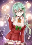  aqua_eyes aqua_hair arm_warmers ascot bare_shoulders bow breasts christmas christmas_tree_hair_ornament city_lights cleavage contrapposto cowboy_shot dress fur_trim green_bow hair_ornament hairclip hand_on_own_thigh kantai_collection large_breasts long_hair looking_at_viewer red_dress santa_costume short_dress sleeves_past_wrists smile solo standing strapless strapless_dress sumapan suzuya_(kantai_collection) thighhighs v 