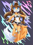  3_toes 4_fingers abstract_background anthro barefoot big_eyes blue_eyes blue_fur blue_nose bra breasts brown_hair cel_shading cleavage clothed clothing dipstick_ears dipstick_tail female front_view fur hair horn kichigai long_hair looking_at_viewer miniskirt multicolored_tail orange_fur skimpy skirt skull smile solo toeless_(marking) toes toony underwear white_fur 