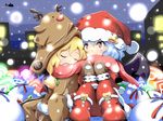  animal_costume antlers bag bat_wings blonde_hair boots building christmas christmas_ornaments closed_eyes fang flandre_scarlet flying hat kikurage_(sugi222) lavender_hair looking_up multiple_girls night night_sky power-up red_eyes reindeer reindeer_antlers reindeer_costume remilia_scarlet santa_costume santa_hat shawl sitting sky sled sleeping touhou wings 