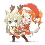  animal_costume antlers aquila_(kantai_collection) blush carrying christmas commentary facial_hair fake_facial_hair fake_mustache gloves graf_zeppelin_(kantai_collection) hat jitome kantai_collection long_hair lowres multiple_girls mustache open_mouth piggyback rebecca_(keinelove) red_gloves reindeer_antlers reindeer_costume sack santa_costume santa_hat smile 