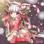  alternate_color animal_hood bell boots breasts cat_hood christmas cleavage double_bun fang fur_trim hair_ornament haku_(p&amp;d) holly_hair_ornament hood jingle_bell knee_boots lilium0235 long_hair medium_breasts midriff mittens multicolored_hair navel open_mouth paw_pose purple_eyes puzzle_&amp;_dragons red_hair sitting skirt snowing solo tail thigh_strap tiger_tail two-tone_hair very_long_hair wariza white_hair 