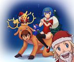  1girl 2boys christmas christmas_tree cosplay costume girl_on_top highres hiker_(pokemon) multiple_boys pikachu pokemon pokemon_(anime) pokemon_(game) pokemon_sm santa_claus_(cosplay) santa_hat satoshi_(pokemon) suiren_(pokemon) 