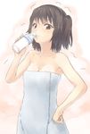 bangs bare_arms bare_shoulders blush bottle breasts brown_eyes brown_hair cleavage collarbone drinking hand_on_hip highres kantai_collection looking_at_viewer medium_breasts milk_bottle naked_towel parted_lips sendai_(kantai_collection) simple_background solo towel trembling two_side_up urigarasu 