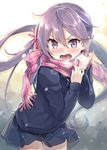  :o akebono_(kantai_collection) bell blush commentary_request eretto flower hair_bell hair_flower hair_ornament jingle_bell kantai_collection long_hair looking_at_viewer nose_blush purple_eyes purple_hair scarf side_ponytail skirt solo sweater v-shaped_eyebrows very_long_hair 