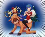  1girl absurdres animal_costume antlers black_hair blue_hair bright_pupils christmas christmas_ornaments christmas_tree clothed_pokemon cosplay fuhikari gen_1_pokemon gen_2_pokemon gen_7_pokemon headgear highres looking_at_viewer open_mouth pikachu pokemon pokemon_(anime) pokemon_sm_(anime) popplio reindeer_antlers reindeer_costume sack santa_costume satoshi_(pokemon) short_sleeves sitting sitting_on_person stantler suiren_(pokemon) swimsuit 