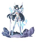  black_hair blue_eyes boots breasts cleavage_cutout full_body highres junketsu kill_la_kill kiryuuin_satsuki long_hair medium_breasts navel planted_sword planted_weapon revealing_clothes sheath sheathed smile solo sparkle sword thick_eyebrows thigh_boots thighhighs wanwansbwan weapon white_footwear white_legwear 