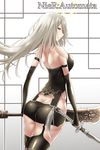  1girl android ass bare_shoulders blue_eyes breasts butt_crack dual_wielding elbow_gloves from_behind gloves huge_weapon large_breasts long_hair looking_at_viewer nier:_automata nier_(series) nier_automata shiny shiny_clothes shiny_hair shiny_skin shiroshi short_shorts shorts sideboob solo square_enix sword thighhighs weapon yorha_type_a_no.2 