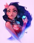  bare_shoulders black_hair breasts curly_hair dark_skin disney earrings flower freckles hair_flower hair_ornament jewelry lips long_hair medium_breasts moana_(movie) moana_waialiki nose ross_tran small_breasts solo 