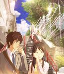  1girl black_hair blue_eyes brown_eyes brown_hair cloud cloudy_sky commentary_request crying crying_with_eyes_open day formal highres kimi_no_na_wa lens_flare long_hair miyamizu_mitsuha older sky spoilers stairs suit sunday-offline tachibana_taki tears tree wiping_tears 