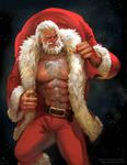  abs beard belt chest_hair christmas commentary facial_hair fur_collar fur_trim highres jacket jang_ju_hyeon male_focus manly muscle open_clothes open_jacket overwatch reinhardt_(overwatch) sack santa_costume scar scar_across_eye shirtless snow solo watermark web_address white_hair 