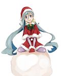  :d alternate_costume aqua_hair ashiya_hiro bell bow capelet christmas cosplay hair_bow hair_ribbon hat highres kantai_collection kiyoshimo_(kantai_collection) long_hair looking_at_viewer low_twintails open_mouth pantyhose purple_eyes ribbon sack santa_costume santa_hat simple_background sitting smile solo twintails wariza white_background 