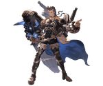  armor armored_boots beard blue_eyes boots braid brown_hair cape facial_hair full_body granblue_fantasy gun jewelry male_focus minaba_hideo multicolored_hair necklace official_art solo transparent_background two-tone_hair weapon white_hair yngwie 