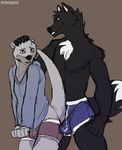 alternate_color anthro buibuiboota bulge canine chase_the_otter clothing male male/male mammal mustelid open_mouth otter simple_background smile submissive underwear wolf 