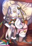  ass bell bikini black_bikini black_gloves black_legwear blonde_hair book bottomless breasts christmas cleavage eyebrows_visible_through_hair fate/grand_order fate_(series) gloves helmet highres jeanne_d'arc_(fate)_(all) jeanne_d'arc_alter_santa_lily kneeling long_hair looking_at_viewer md5_mismatch navel reindeer_tail ribbon sack small_breasts solo swimsuit tail thighhighs tsuki_suigetsu yellow_eyes 
