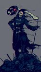  artist_name black black_coat boots chromatic_aberration coat english full_body glasses glitch grey_background hand_on_hip highres holding holding_weapon hood kadabura let_it_die male_focus pile scythe simple_background skull solo uncle_death weapon 