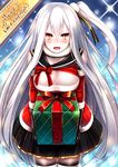  :d adapted_costume aircraft_carrier_oni alternate_costume box breasts carrying cleavage fuuki_(te_fuukin) gift gift_box kantai_collection large_breasts looking_at_viewer merry_christmas one_side_up open_mouth orange_eyes shinkaisei-kan smile solo white_hair white_skin 