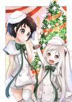  :d ahoge alternate_costume black_eyes black_hair capelet christmas christmas_tree commentary_request cosplay dress fang hachachi hat height_difference highres horns kantai_collection long_hair maru-yu_(kantai_collection) maru-yu_(kantai_collection)_(cosplay) mittens multiple_girls northern_ocean_hime open_mouth santa_hat shinkaisei-kan short_hair smile thighhighs white_dress white_hair white_legwear white_skin zettai_ryouiki 