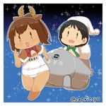  animal_costume antlers black_hair blush brown_hair capelet capriccyo chibi christmas fur_trim hat i-401_(kantai_collection) kantai_collection looking_at_viewer maru-yu_(kantai_collection) multiple_girls one-piece_swimsuit open_mouth reindeer_antlers reindeer_costume running sack santa_costume santa_hat school_swimsuit short_hair sleigh smile swimsuit white_school_swimsuit white_swimsuit 