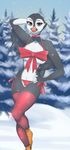  anthro areola armpits avian beak bird bow_tie breasts clothing feathers female looking_at_viewer miiyori outside panties puffin ribbons snow solo underwear 