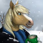  2014 al_(alcapwny) anthro beverage biped black_clothing black_topwear blaze_(marking) blonde_hair blue_eyes brown_fur bust_portrait clothed clothing coffee cup dead_tree detailed_background digital_media_(artwork) equine front_view fur hair hashire holding_cup holding_object horse icon looking_away low_res male mammal multicolored_fur outside portrait scarf sky smile snout snow snowing solo teeth tree two_tone_fur white_fur winter 