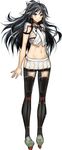  \||/ arms_at_sides black_hair black_legwear full_body hair_between_eyes hair_ribbon hip_vent hiyohiyo kantai_collection katsuragi_(kantai_collection) long_hair looking_at_viewer midriff miniskirt navel pleated_skirt ponytail remodel_(kantai_collection) ribbon short_sleeves single_sleeve skirt smile solo standing white_ribbon 