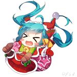  &gt;_&lt; aqua_hair bai_yemeng bell belt blush_stickers boots chibi christmas closed_eyes falling hat hatsune_miku jingle_bell long_hair lowres mittens open_mouth santa_costume santa_hat simple_background solo twintails very_long_hair vocaloid white_background 