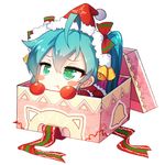  :t ahoge aqua_hair bai_yemeng bell blush_stickers box chibi christmas gift green_eyes hat hatsune_miku in_box in_container long_hair lowres md5_mismatch pout santa_costume santa_hat simple_background solo vocaloid white_background 
