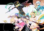  2boys 2girls alisha_diphda aqua_eyes armor bare_shoulders blonde_hair blue_eyes blue_hair breasts brown_hair choker coat dezel_(tales) dress edna_(tales) flower gloves green_hair hairband hat jacket mikleo_(tales) multiple_boys multiple_girls open_mouth pants purple_eyes ribbon short_hair side_ponytail spear staff tales_of_(series) tales_of_zestiria thighhighs umbrella 