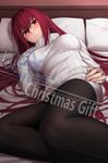  bed blush breasts fate/empire_of_dirt fate/grand_order fate_(series) large_breasts long_hair looking_at_viewer pantyhose purple_hair red_eyes ribbed_sweater scathach_(fate)_(all) scathach_(fate/grand_order) shijiu_(adamhutt) smile solo sweater turtleneck 